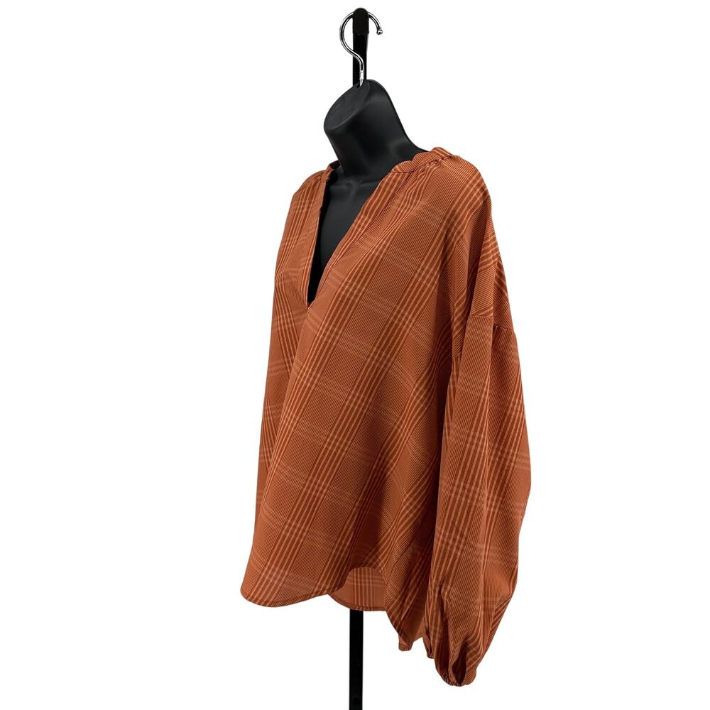 A New Day Popover Blouse WMNS XXL Rust Plaid Long Sleeve Office Work Top Shirt - Picture 6 of 10